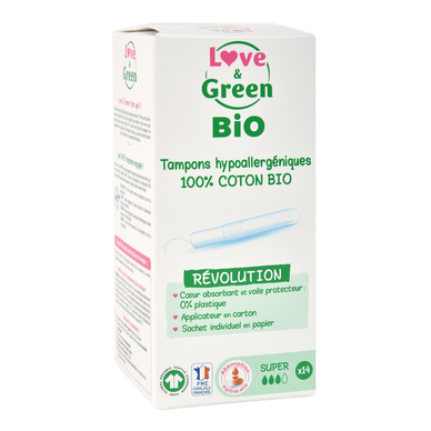 Tampons hypoallergéniques avec applicateur super bio x14 LOVE&GREEN