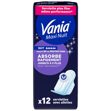 Serviettes hygiéniques maxi nuit absorbe ailettes VANIA, x12