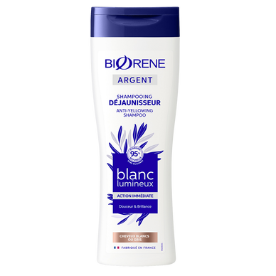 Shampooing cheveux blanc et gris déjaunisseur blanc éclatant argent BIORENE, flacon 250ml