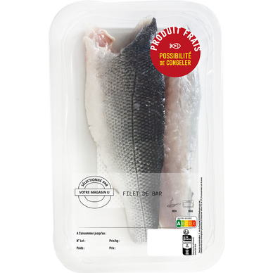 Filet de bar, Dicentrarchus labrax, sélect.par magasin U, élevé en Turquie, barquette 180g