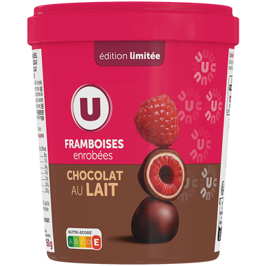 Confiserie glacée Framboises enrobées de chocolat lait et blanc 150g