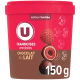 Confiserie glacée Framboises enrobées de chocolat lait et blanc 150g