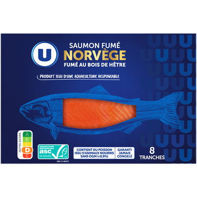 Saumon fumé au bois de hêtre, élevé en Norvège,  salé au sel sec, 8 tranches - 300g