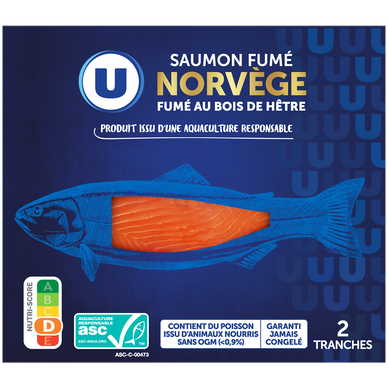 Saumon fumé au bois de hêtre, Atlantique Norvège, salé au sel sec, 2 tranches - 75g