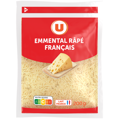 Fromage pasteurisé Emmental français râpé  29%MG, 200g