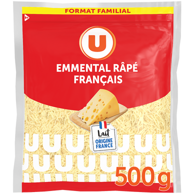 Emmental français au lait pasteurisé rapé  29%MG, zip de 500g