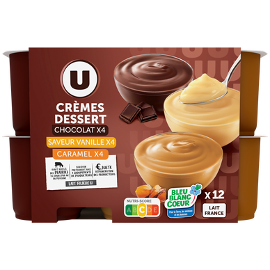 Crème dessert, pack panaché chocolat, vanille, caramel - 12x125g