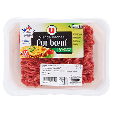 Viande hachée pur boeuf, 15% Matière Grasse,  VBF, barquette de 350g