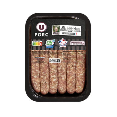 Chipolata sans colorant aux herbes,  France, 6 pièces, barquette, 330g