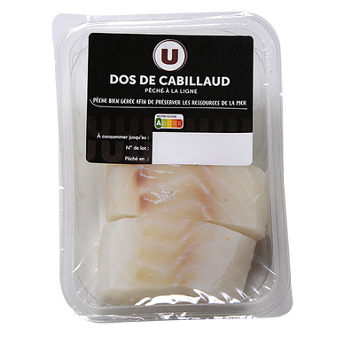 Dos de Cabillaud  Gadus macrocepahlus, pêché en Océan Pacifique,2 pièces, barquette 200g