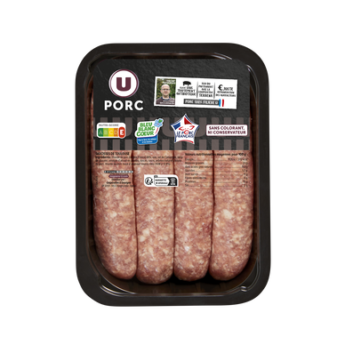 Saucisse de Toulouse sans colorant,  France, 4 pièces, barquette, 500g