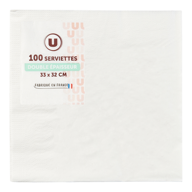Serviette 2 plis en papier 33x32cm blanc x100