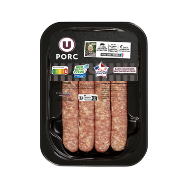 Chipolata sans colorant,  France, 4 pièces, barquette, 220g