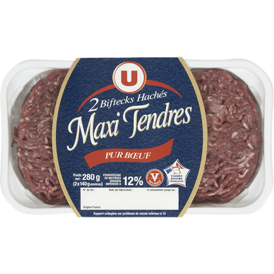 Steak haché maxi tendre, 12% Matière Grasse,   VBF, France, 2 pièces -280g
