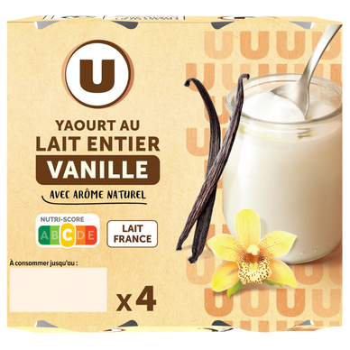 Yaourt au lait entier saveur vanille pot en verre 4x125g