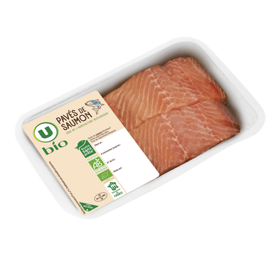 Pavé de saumon atlantique avec peau bio, élevé en Norvège, 2 pièces, barquette, 250g