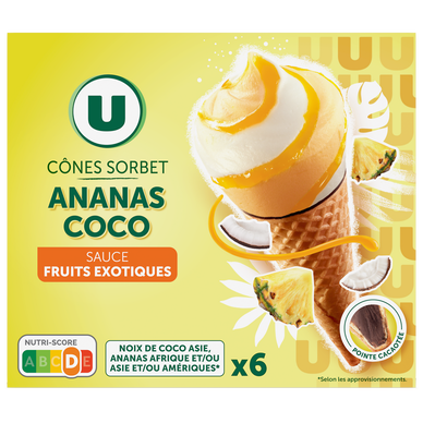 Cônes glacés de sorbet noix de coco et ananas,  x6, 408g