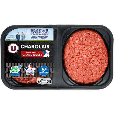 Steak haché, 5%MAT GR, Charolais GRAND-OUEST, France, 2 pièces 125g,sous atmosphere
