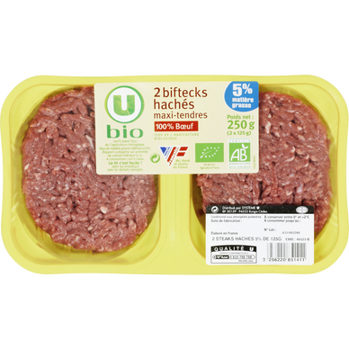Steak haché bio maxi tendre, 5% MG,  France, VBF, 2 pièces - 250g