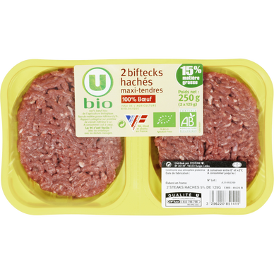 Steak haché bio maxi tendre pur boeuf, 15% MG,  France, 2 pièces - 250g
