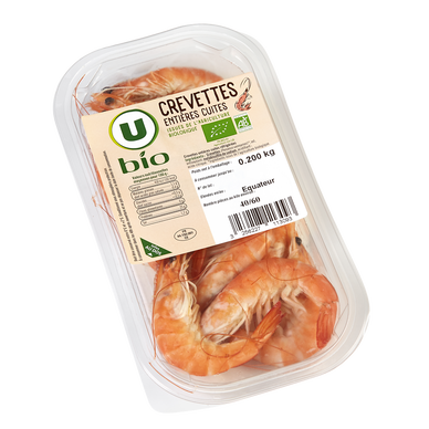 Crevettes cuites bio, penaeus vannamei, calibre 40/60, Amérique du Sud, barquette, 200g