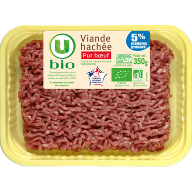 Viande Haché pur boeuf, 5% Matière Grasse, BIO, France, barquette de 350g