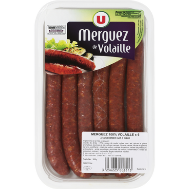 Merguez de volaille, 6 pièces, 300g