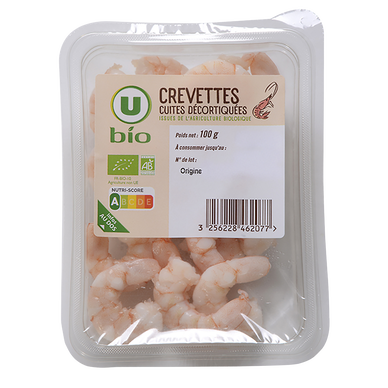 Crevettes cuites décortiquées natures, BIO, Transformé en France, barquette 100g