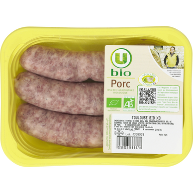 Saucisse de Toulouse BIO,  France, 3 pièces, barquette, 300g