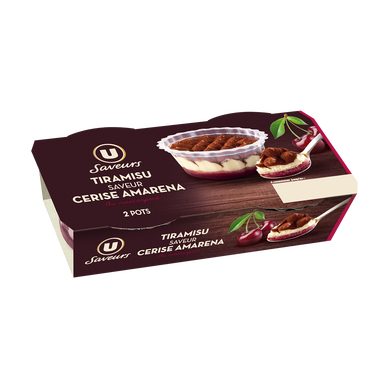 Dessert pâtissier au mascarpone avec cerises aromatisées 22% et génoise saupoudrée de cacao  2x100g