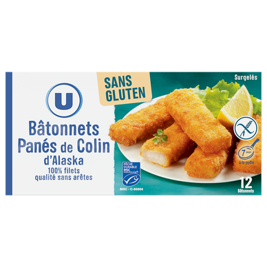 Portion de bloc de bâtonnets panés de colin d'Alaska MSC sans gluten,, 12x360g