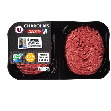 Steak haché, 12%MAT GR, Charolais GRAND-OUEST, 140gx2, barquette s/atm