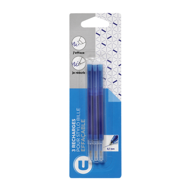 Recharge stylo bille gel effaçable bleu x3
