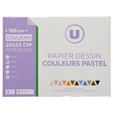 Pochette dessin papier à grain 24x32cm 160g couleurs pastel 12 feuilles