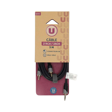 Câble 2 rca/jack U mâle/mâle 3m
