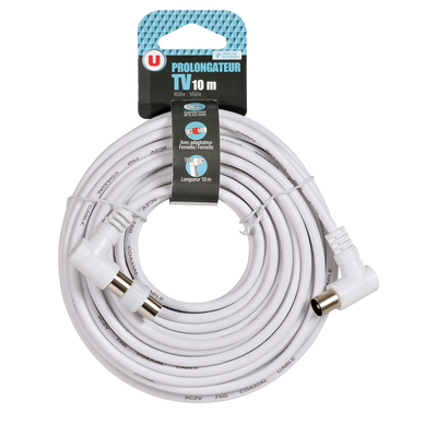 Prolongateur TV 10m 9,52mm fils coudés blanc + adaptateur