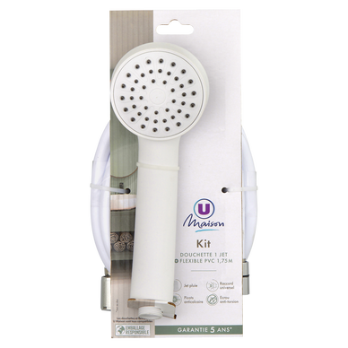 Kit douchette 1 jet + flexible PVC 1,75md M1/2 standard blanc+flexible en PVC lisseraccord F1/2 1,75m blanc-anti calcaire-anti torsion