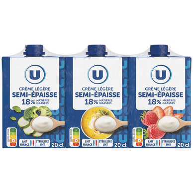 Crème semi-épaisse UHT 18%MG - 3 briques de 20cl