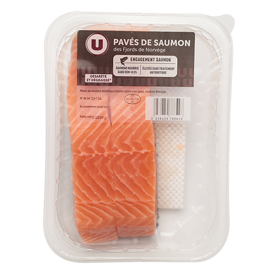Pavé de saumon, Salmo salar,  avec peau, élevé en Norvege, 2 pièces,barquette 250g
