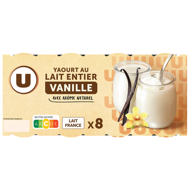Yaourt au lait entier à la vanille pot en verre 8x125g
