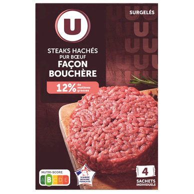 Steak haché pur boeuf façon bouchère 12%MG, 4x140g