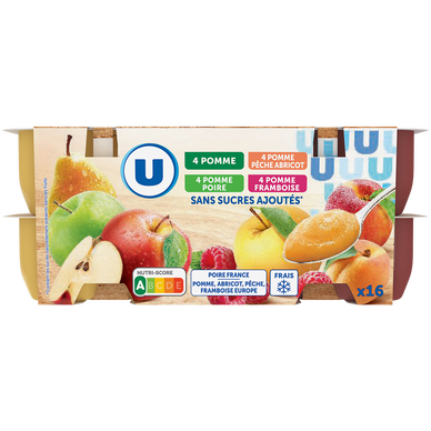 Purée de fruits 4 parfums pommes/pommes-poires/pommes pêches abricot/pommes framboises sans sucre ajouté 16x100g