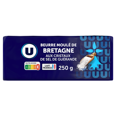 Beurre moulé aux cristaux sel de Guérande 80%mg, plaquette de 250g