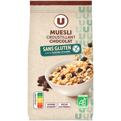 Müesli croustillant chocolat noir bio U SANS GLUTEN, sachet de 375g