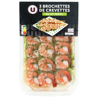 Brochettes crevettes ail/persil,  transformé en France, 3 pièces, barquette de 135g