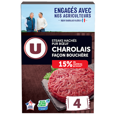 Steak haché charolais surgelé façon bouchère bleu blanc coeur 15%mg U4x120g