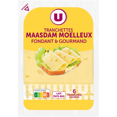 Maasdam moelleux au lait pasteurisé  30%MG - Barquette 6 tranches , 150g