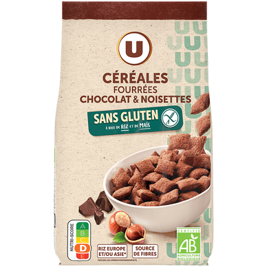 Céréales fourrées chocolat noisettes bio U SANS GLUTEN, sachet de 375g