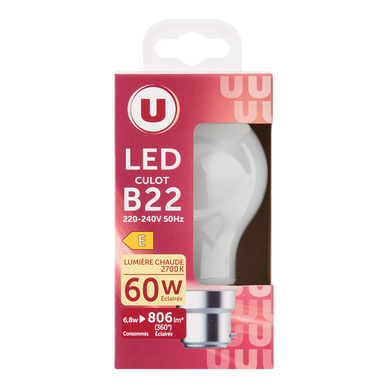 Ampoule Led ronde 60w B22 - opaque lumière chaude