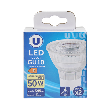Ampoule LED Spot 50w GU10 verre - blanc chaud x2